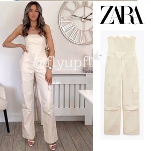 NWT Zara Strapless Utility Cargo Jumpsuit Wide White Long